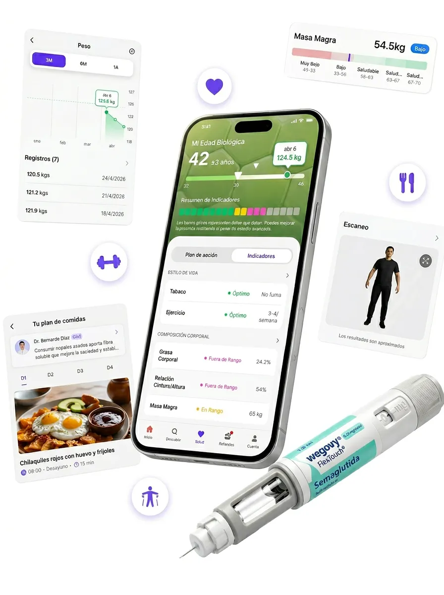 App Clivi mostrando seguimiento de peso, plan de comidas y pluma de Wegovy